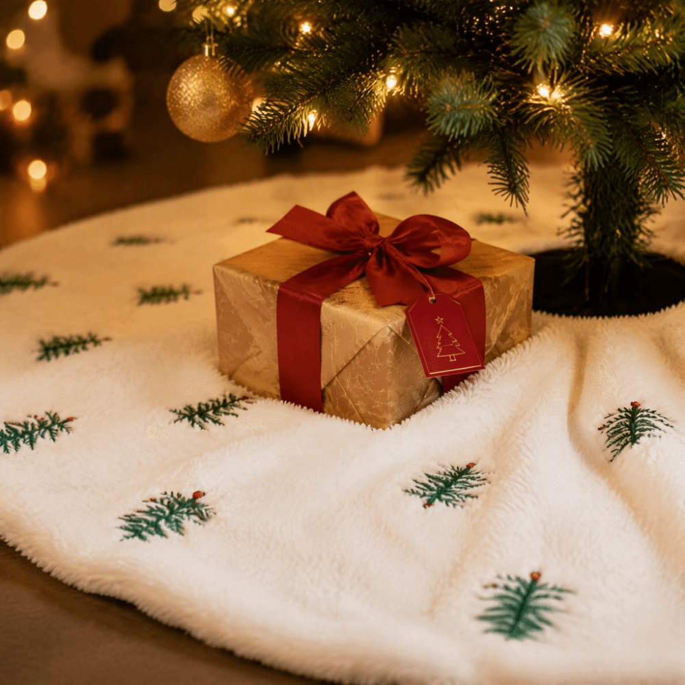 Embroidery Xmas Designs - อุปกรณ์ตกแต่งคริสต์มาส ผ้าคลุมฐานต้นคริสต์มาส ขนเฟอร์เทียม ลายเกล็ดหิมะ ปักลายสไตล์วินเทจ ผ้าคลุมฐานต้นไม้