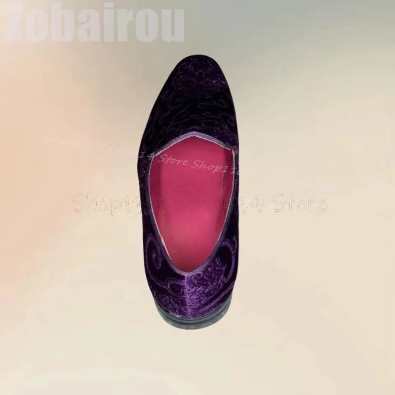Embroidery On Leather - รองเท้าโลฟเฟอร์ทรงเหลี่ยมหนังกลับปักลายสีม่วง แฟชั่นสวมใส่สบายสำหรับผู้ชาย รองเท้าหรูทำมือสำหรับงานปาร์ตี้ งานเลี้ยง งานแต่งงาน รองเท้าเดรสผู้ชาย