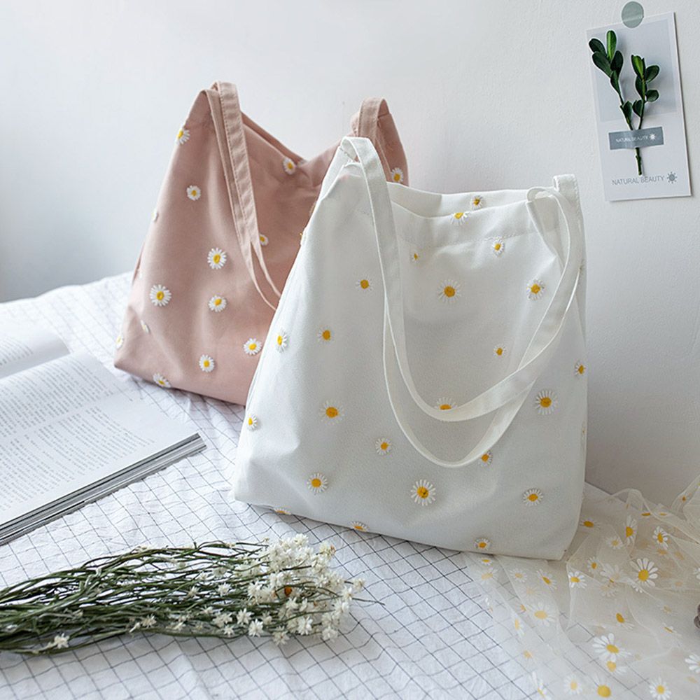 Embroidery Daisy Flower - กระเป๋าผ้าใบสำหรับผู้หญิงกระเป๋าช็อปปิ้งของเด็กผู้หญิงกระเป๋ากระเป๋าสะพายไหล่ผ้าตาข่ายน่ารักปักลายกับเดซี่