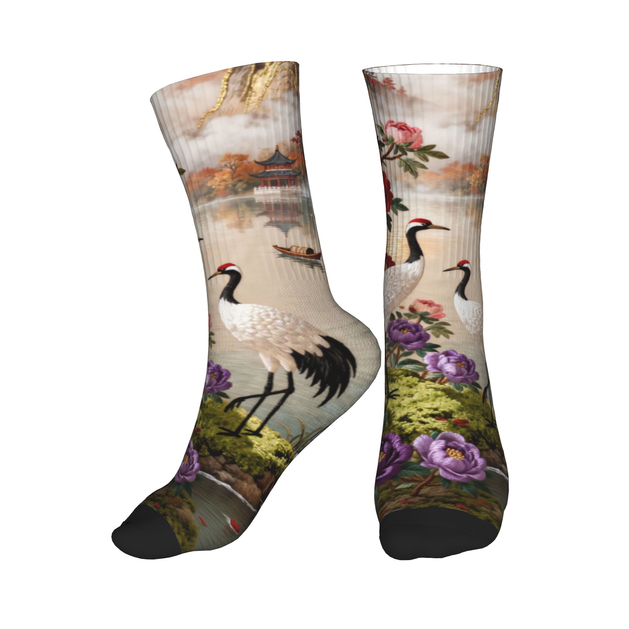 Embroidery Print - ถุงเท้าลายปักลายกุหลาบสี่ดอก ยี่ห้อ Funny Printing Embroidery สำหรับผู้ชายและผู้หญิง