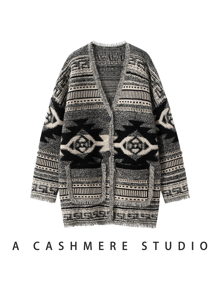 Embroidery Towel - Bohemian ผู้หญิงเสื้อสเวตเตอร์ถัก 100% แคชเมียร์ V คอฤดูใบไม้ร่วงฤดูหนาวหนาเสื้อกันหนาวผ้าเช็ดตัวเย็บปักถักร้อยภาษาฝรั่งเศสคํา