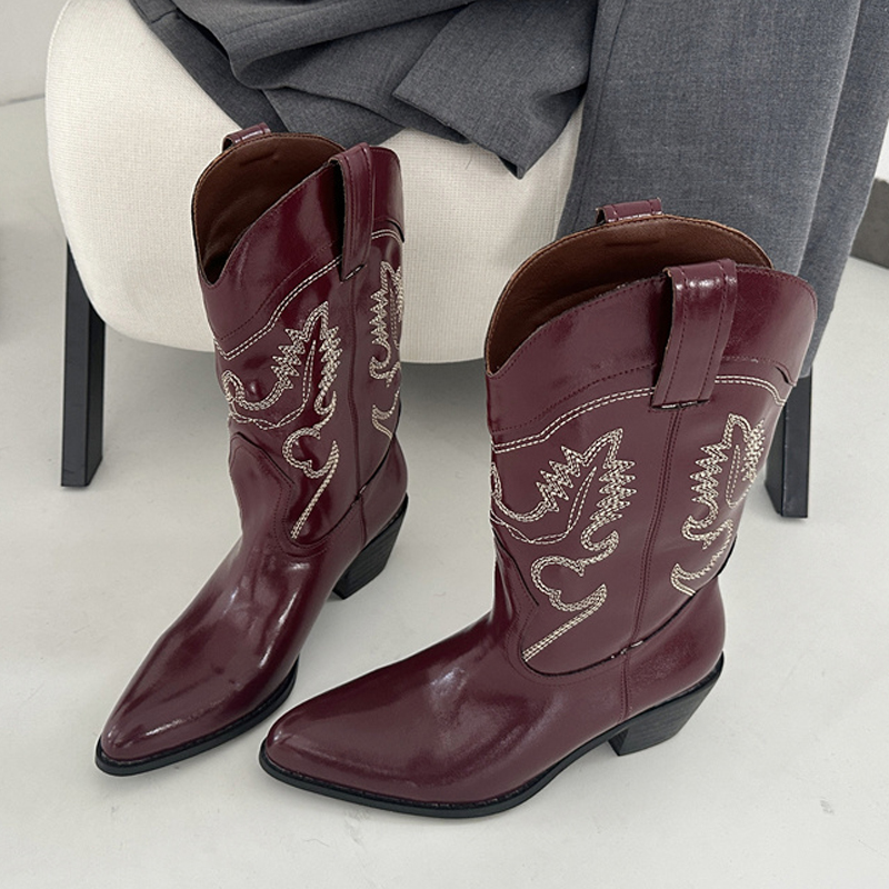 Embroidery Design Free - Liyke Designer ไวน์แดงหนัง Western Boots ผู้หญิง