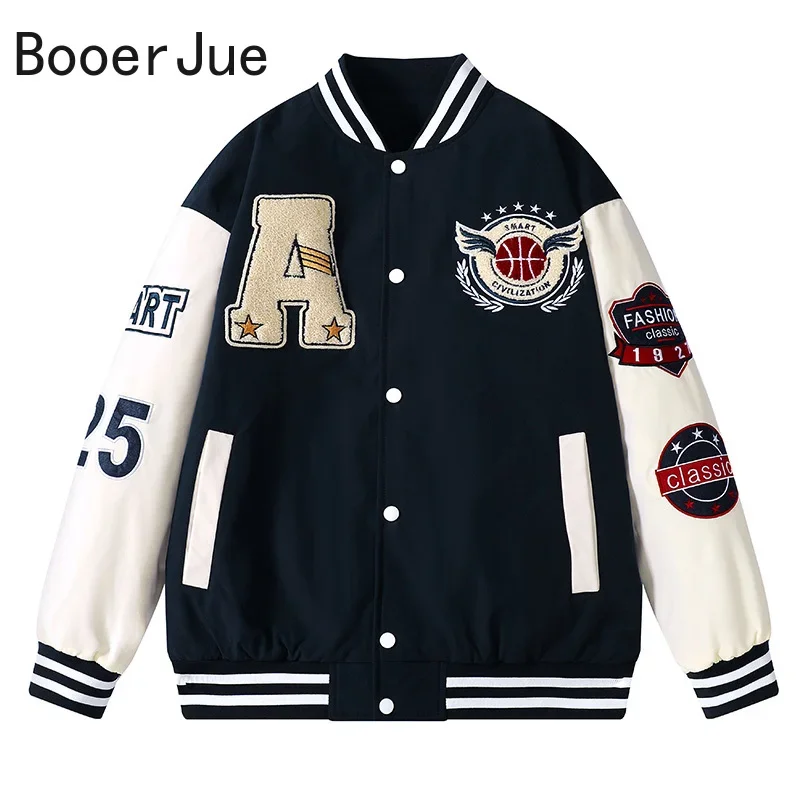 Embroidery Letter N - เสื้อแจ็กเก็ตเบสบอลบอมเบอร์ทีมฮิปฮอปฮาราจูกุสำหรับผู้ชายเสื้อโค้ทมหาวิทยาลัยใช้ได้ทั้งแจ็คเก็ตหนัง