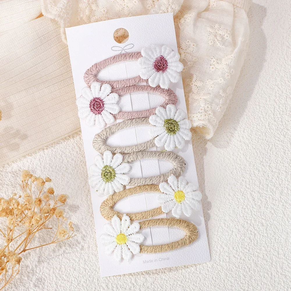 Embroidery Daisy Flower - 6PCS น่ารัก Daisy ดอกไม้ผมคลิป Bangs Hairpins