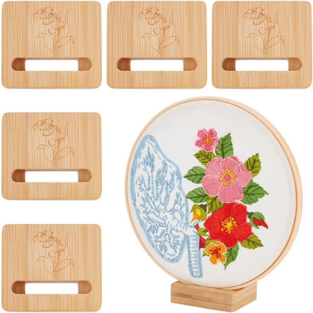 Embroidery Zone - ขาตั้งวงแหวนปักผ้ารูปสี่เหลี่ยมผืนผ้า 6 ชิ้น พร้อมฐานไม้ลายดอกไม้