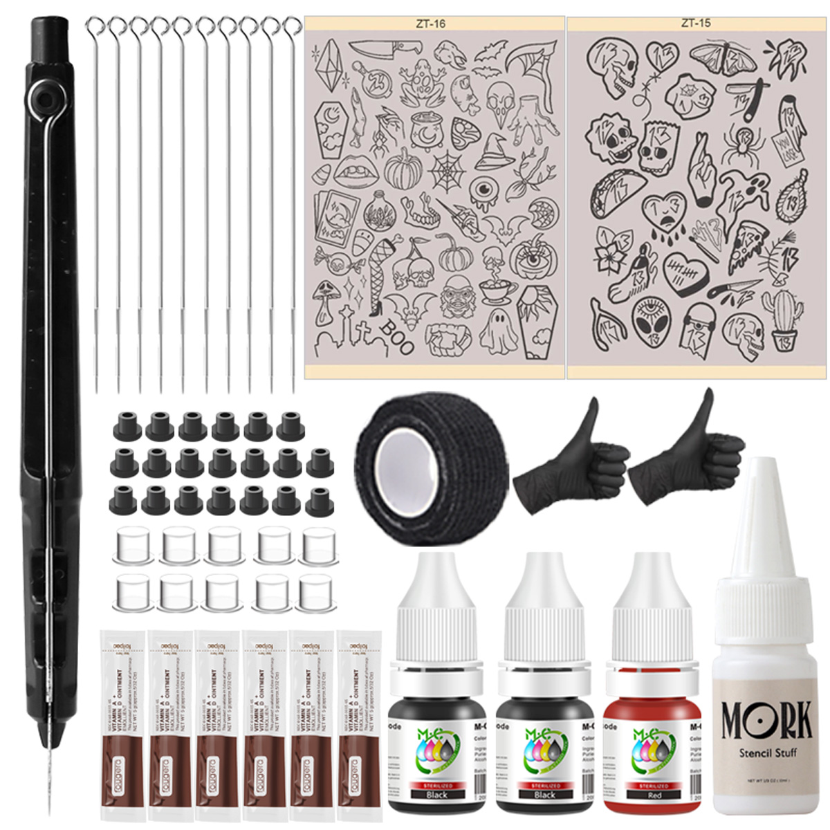 Transfer Pen Ink - ชุดอุปกรณ์สักครบชุด, กระดาษถ่ายโอนรอยสักลาย A4 - ไม่จำเป็นต้องวาด, อุปกรณ์ปากกาสักแฮนด์เมดแบบแทงและติดสำหรับผู้เริ่มต้น