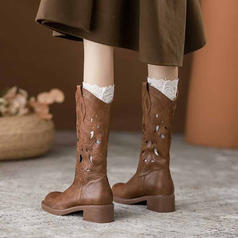 รองเท้าบูทคาวบอยสีน้ำตาลสไตล์เ - Embroidery On Leather บทวิจารณ์และราคา