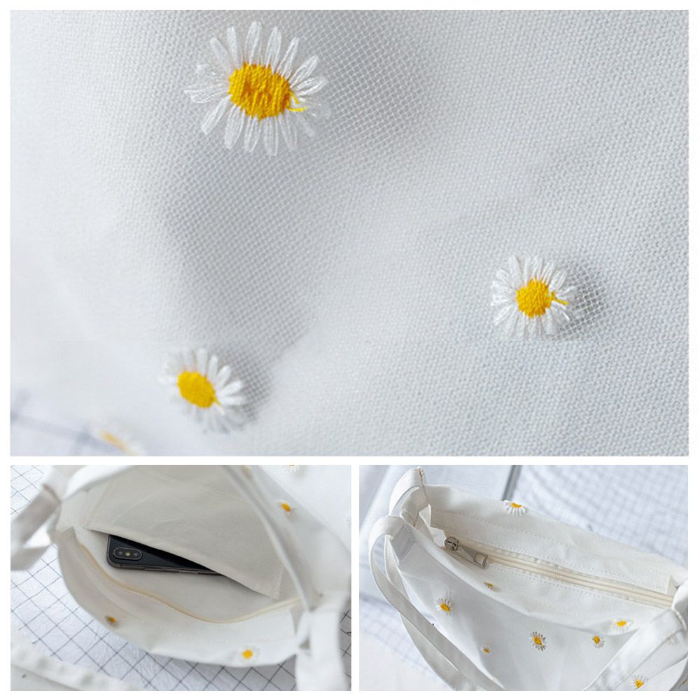 กระเป๋าผ้าใบสำหรับผู้หญิงกระเป - Embroidery Daisy Flower บทวิจารณ์และราคา