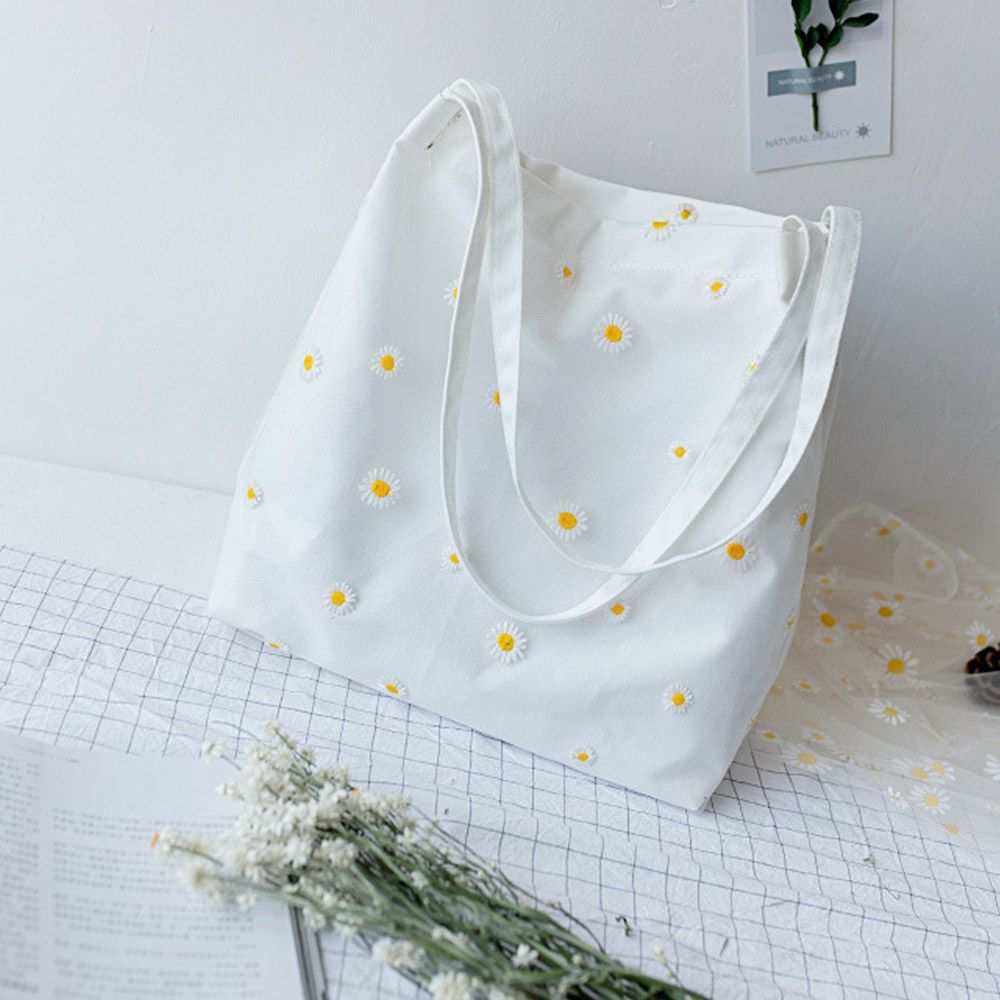 กระเป๋าผ้าใบสำหรับผู้หญิงกระเป - Embroidery Daisy Flower บทวิจารณ์และราคา