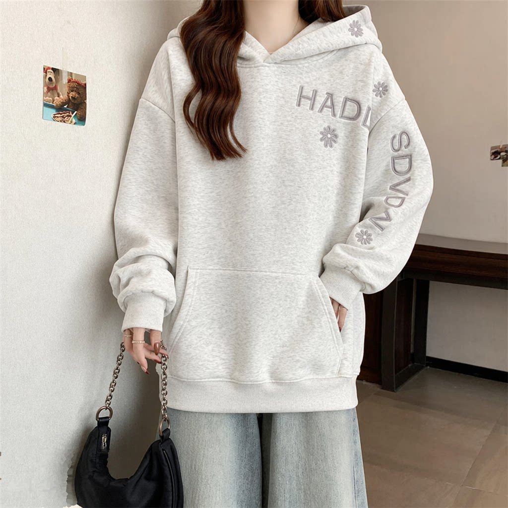 เสื้อฮู้ดผู้หญิงสีพื้น ปักลายแ - Embroidery Letter N บทวิจารณ์และราคา